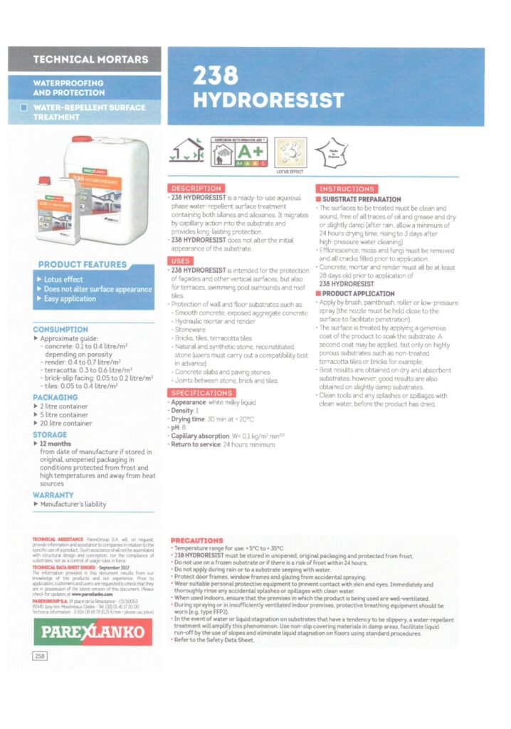 מפרט טכני של 238 LANKO RESIST HYDRO, חומר דוחה מים שקוף לקירות וחזיתות